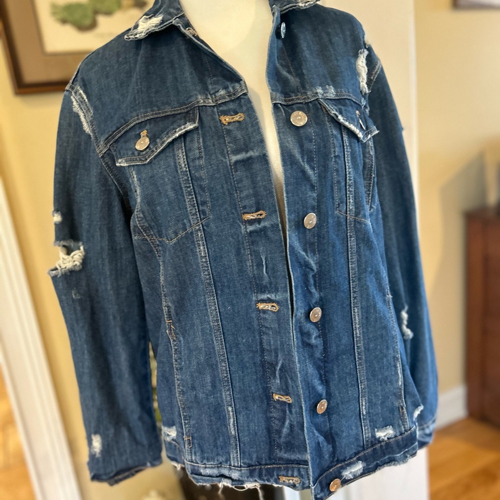 Zara The Trafaluc Oversized Distressed Denim Long Sleeve Jacket for Women - Picture 14 of 16